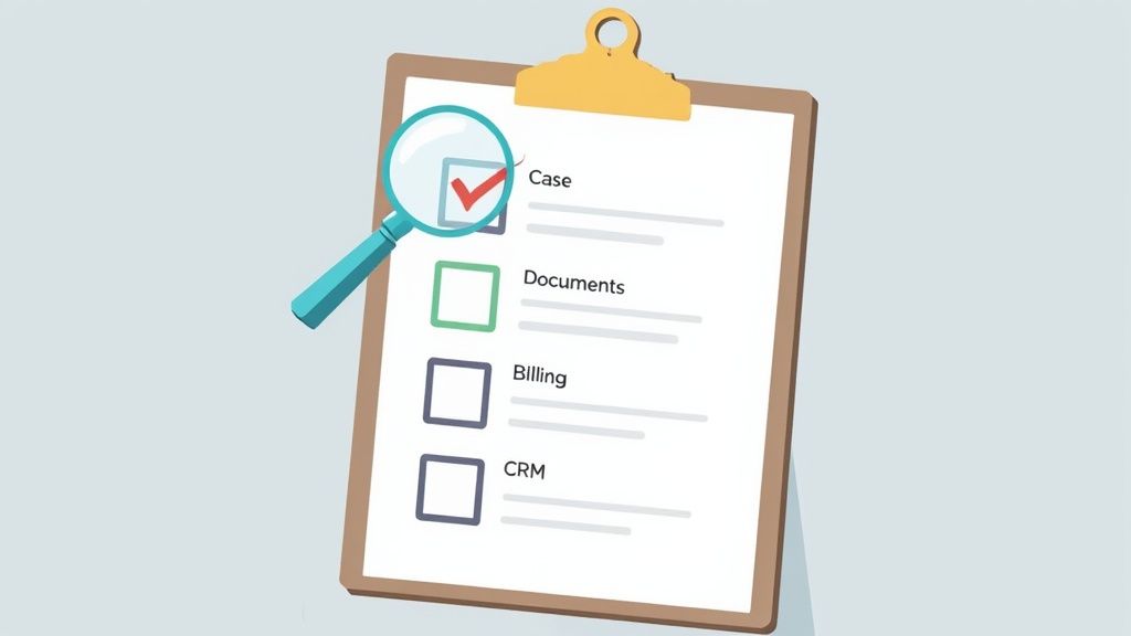 A magnifying glass inspects a checklist on a clipboard, showing items like Case, Documents, Billing, CRM.