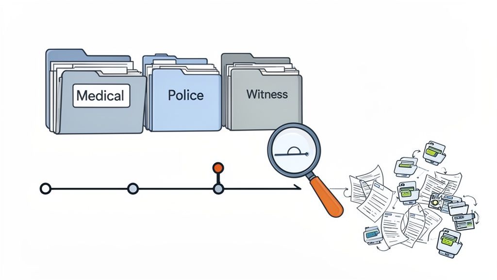 Folders labeled Medical, Police, and Witness with a timeline, magnifying glass, and scattered documents.
