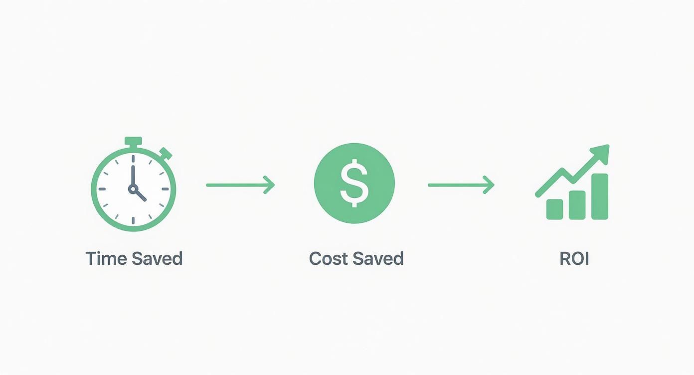An infographic showing a three-step process to calculate ROI, starting with time saved, leading to cost saved, and resulting in a positive ROI graph.