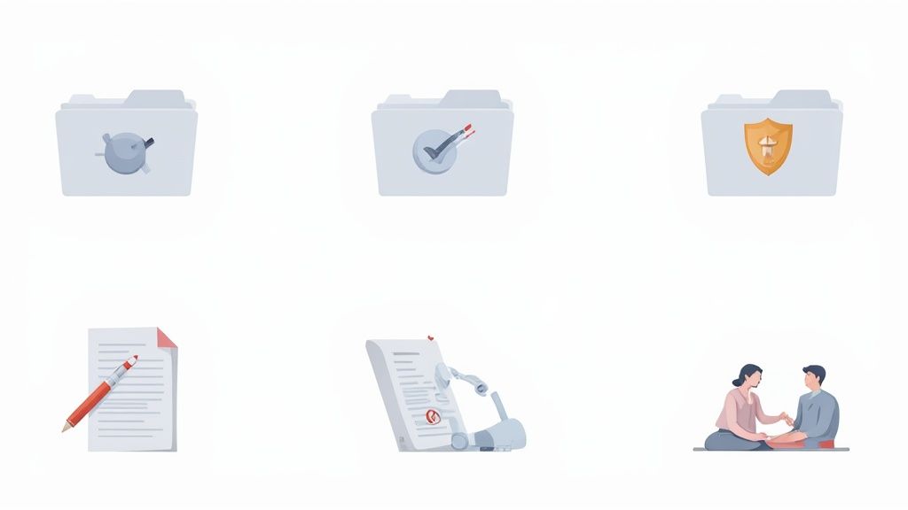 Icons illustrating medical record review, document security, automated processing, and legal consultation for attorneys.