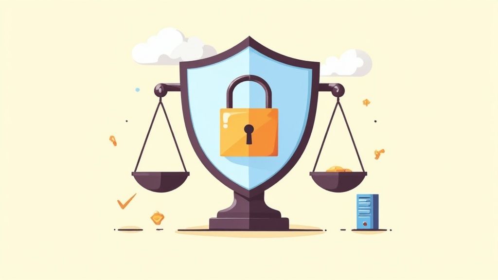 Digital illustration showing a security shield with a padlock and scales of justice, representing law and data protection.