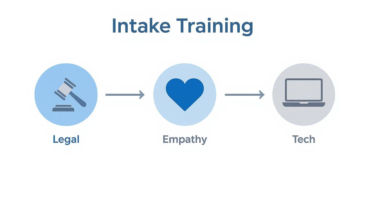 Intake training process flowchart showing legal, empathy, and tech components with arrows connecting them