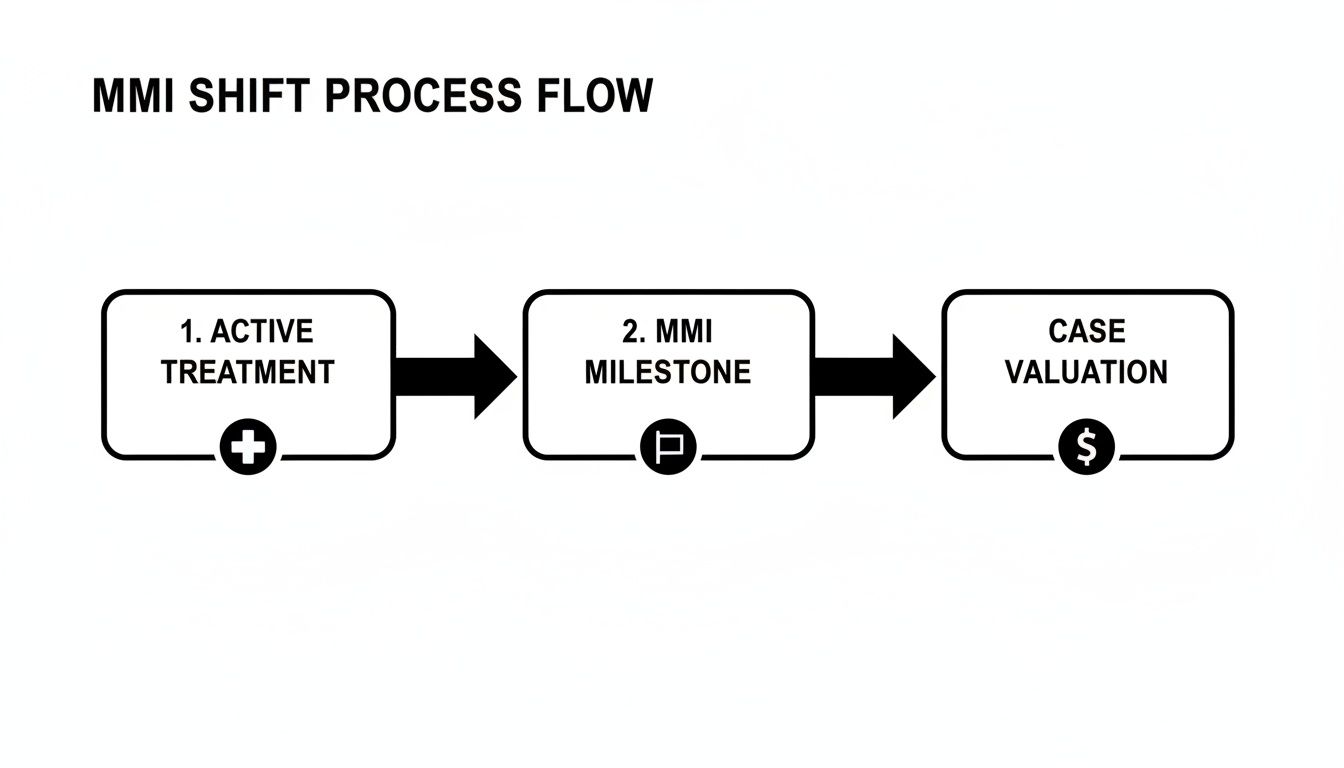 Flowchart illustrating the MMI Shift Process, detailing steps from active treatment to case valuation.