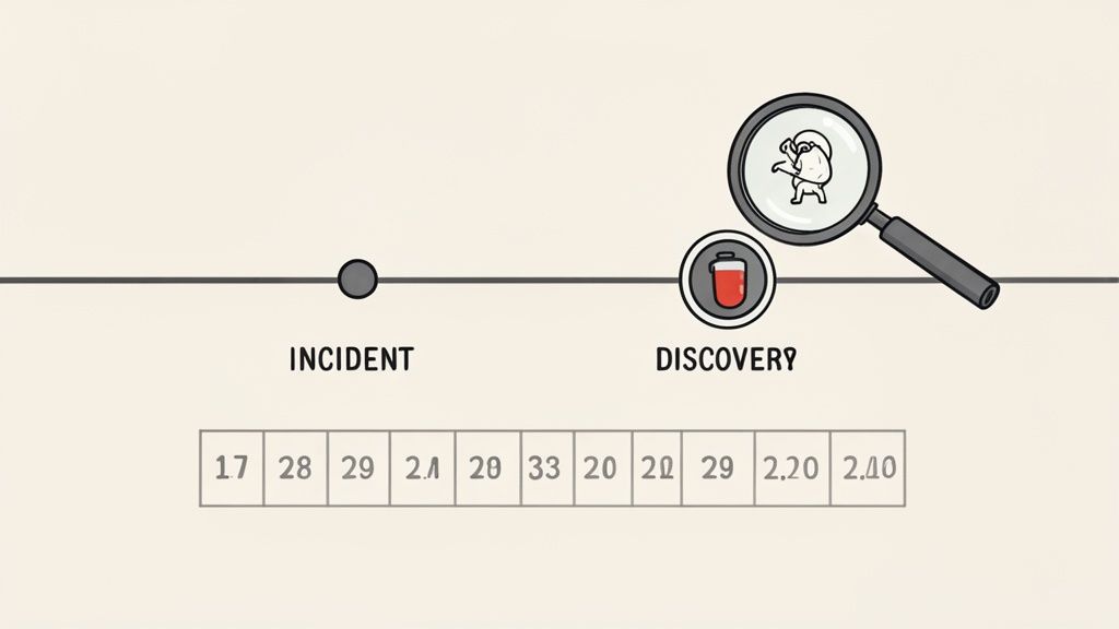 A timeline depicting an incident and discovery, featuring a magnifying glass, blood bag icon, and a numerical sequence.