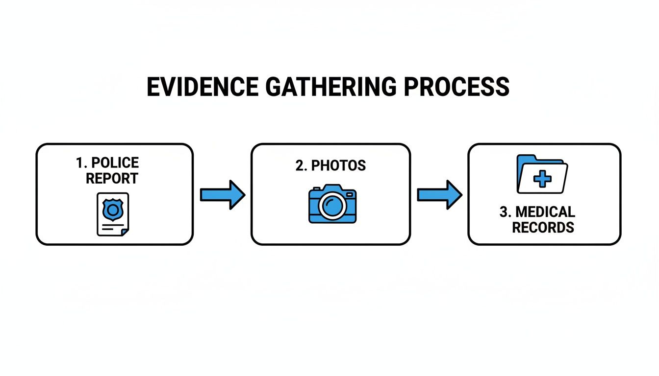 Diagram showing the three-step evidence collection process: police report, photos, and medical records.