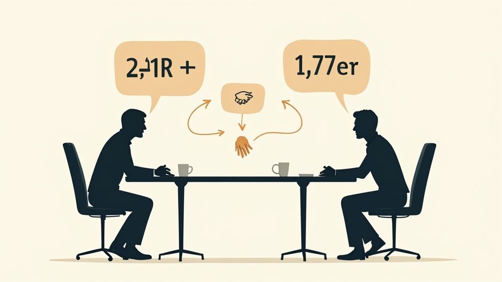 Two people negotiate a personal injury settlement, with numerical offers and counter-offers discussed.