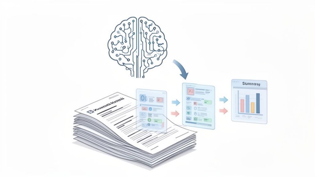 AI-powered system processes documents, extracting key data points and summarizing insights into visual dashboards.