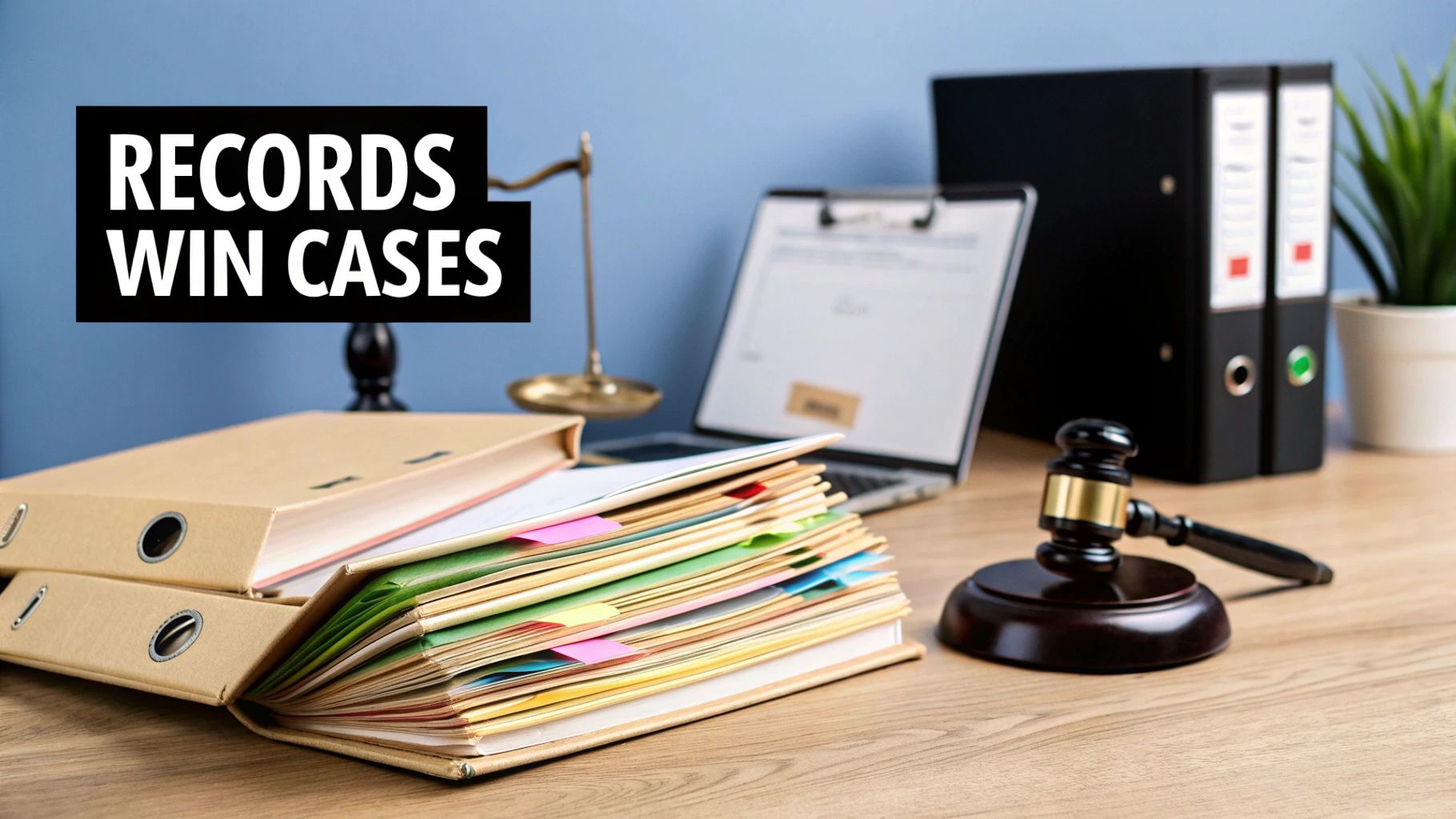 A paralegal sitting at a desk and organizing a stack of medical records.