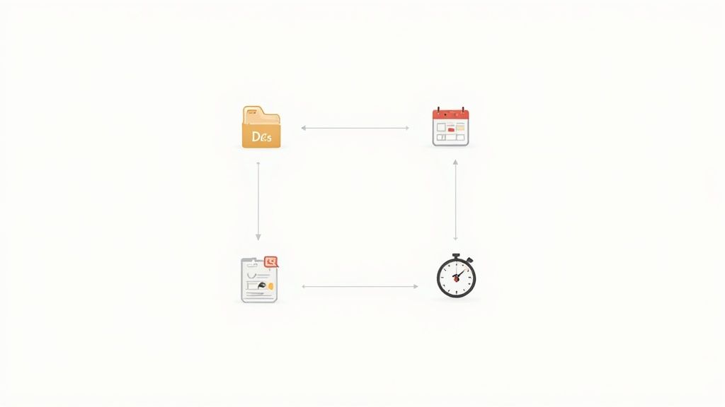 A collage of case management software features like calendars, documents, and communication icons
