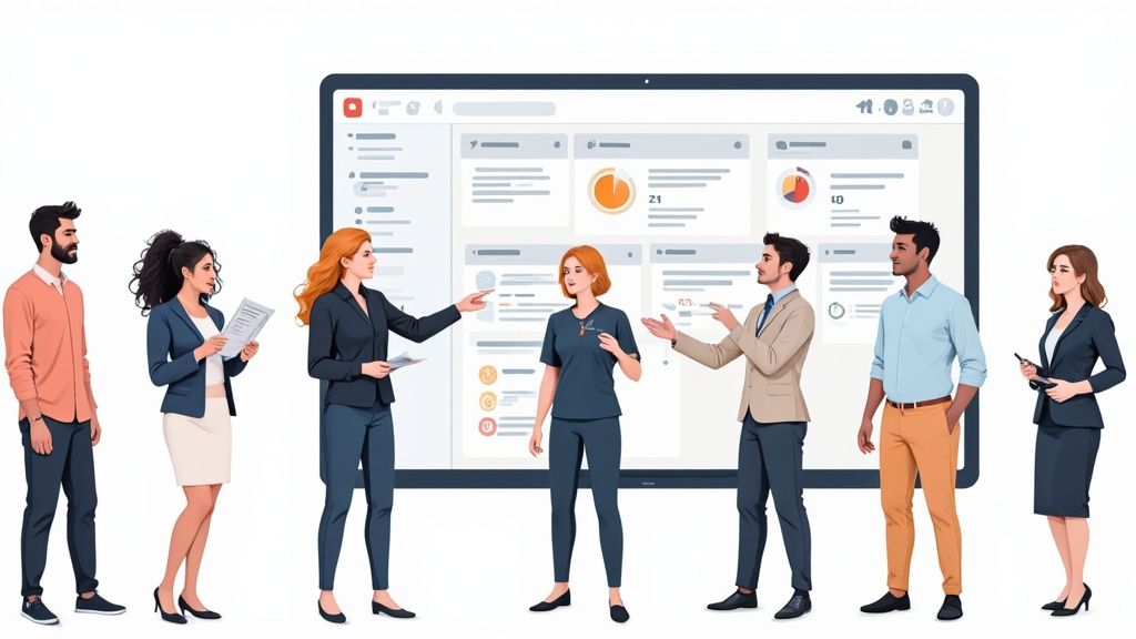 Diverse professionals engaging with a large digital dashboard showing business analytics and data.