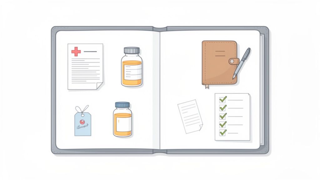 An open notebook displays medical documents, pill bottles, a prescription tag, a planner, and a checklist.