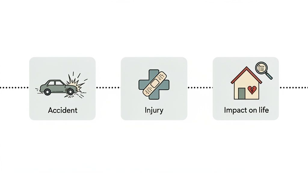 Three icons illustrating a car accident, a medical injury, and the resulting impact on life.