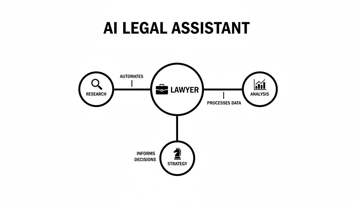 Diagram illustrating an AI legal assistant's role in automating research, processing data, and informing legal strategy for lawyers.