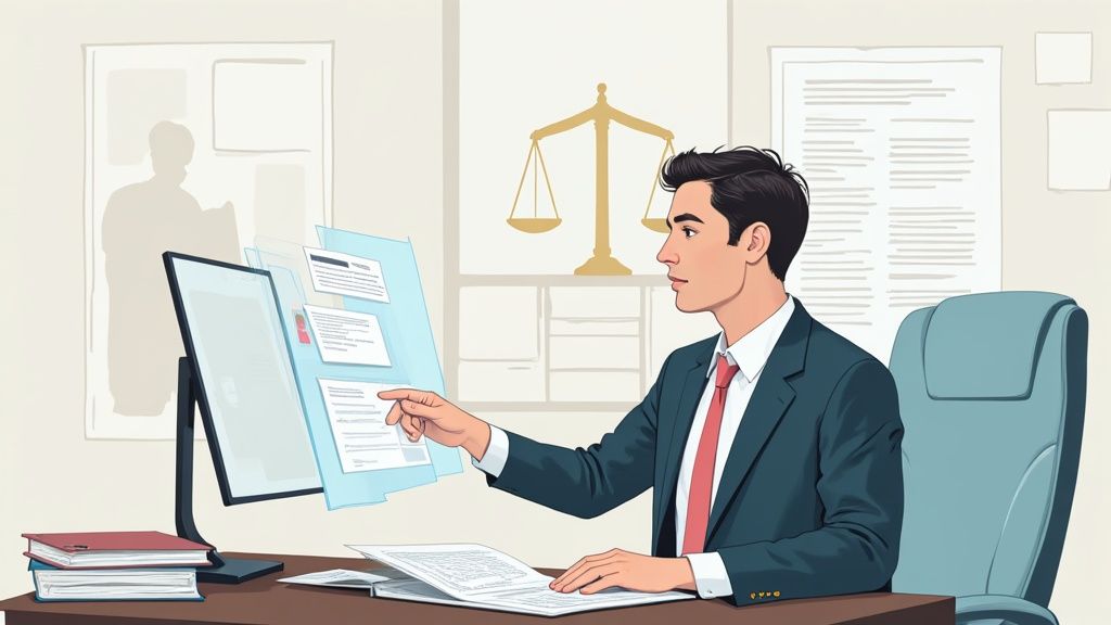 Professional lawyer in suit pointing at computer screen displaying legal documents in office