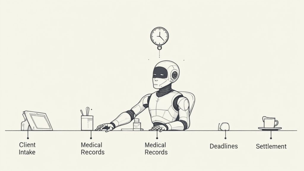 A legal professional reviewing documents with digital overlays suggesting automation and data extraction, illustrating legal workflow automation software.