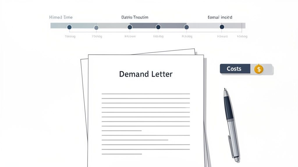 A legal demand letter document with a timeline, a 'Costs' button, and a pen, symbolizing a financial or legal process.