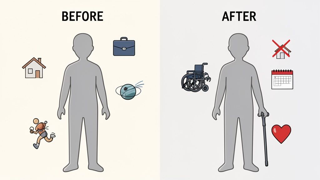 Illustrative comparison of a person's life before and after a major change, from activity to physical limitations.
