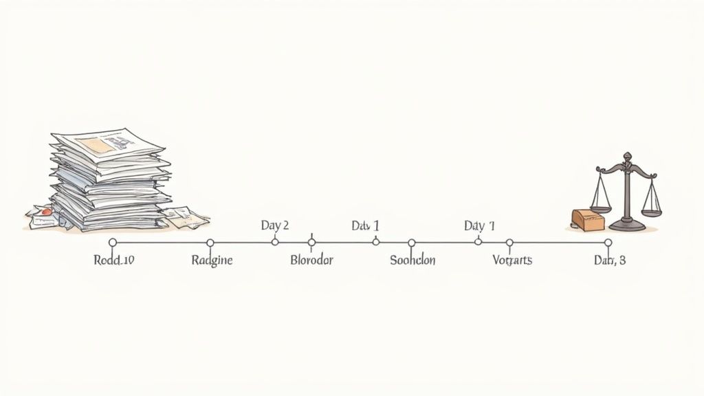 A detailed timeline graphic showcasing a process from a stack of documents to a balance scale.