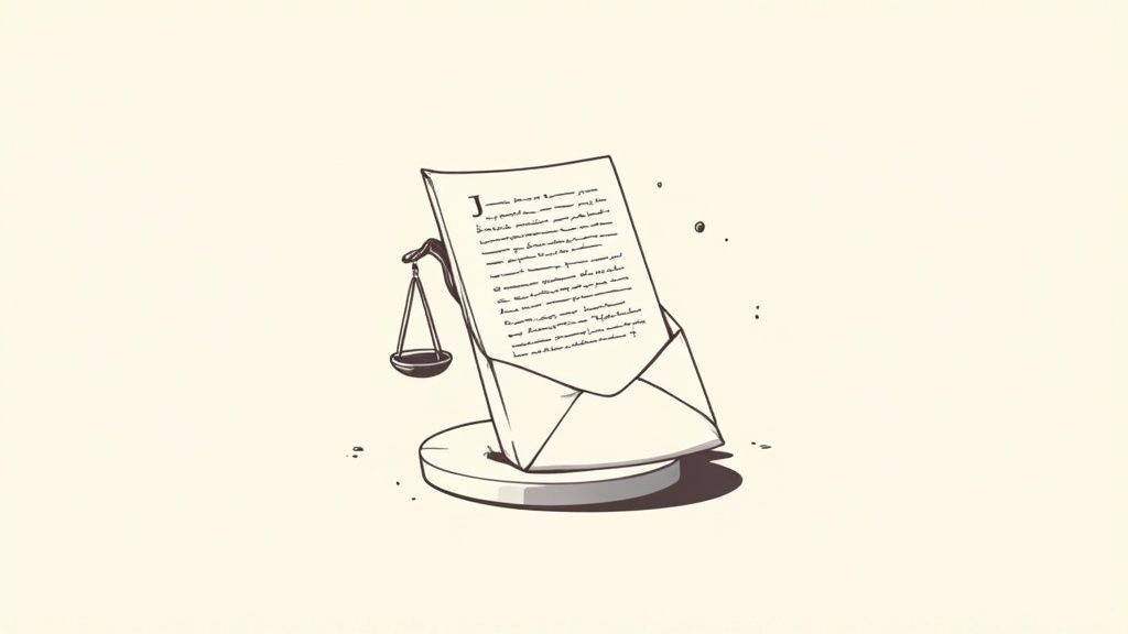 Stylized illustration of a document emerging from an envelope, with scales of justice.