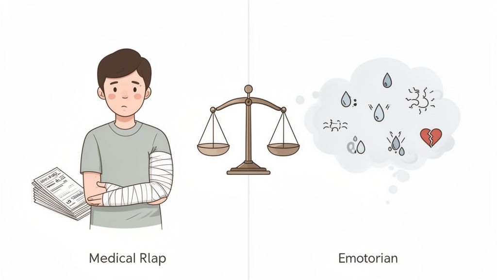 Illustration of a man with a bandaged arm and medical bills, balanced against emotional distress symbols.