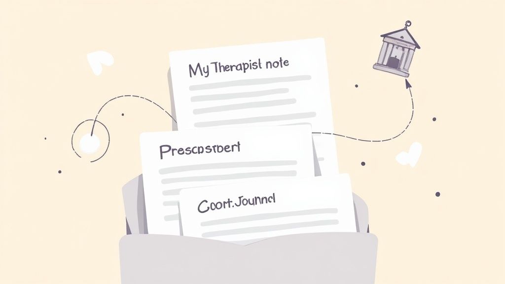 A magnifying glass hovering over legal documents and medical records, symbolizing the detailed review needed to build a case.