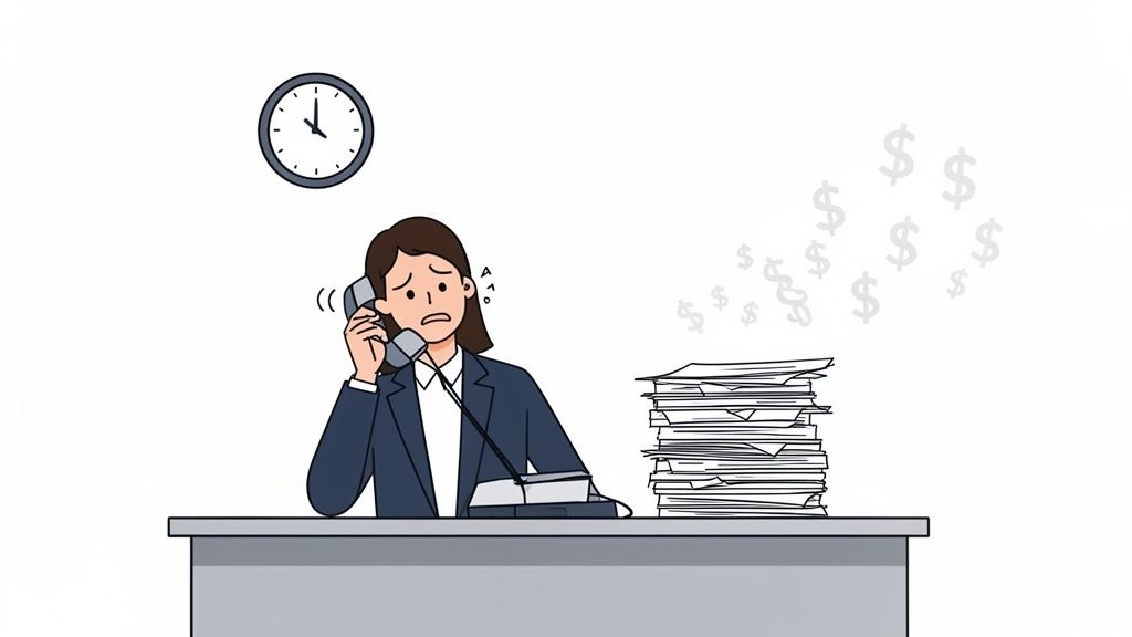 Stressed businesswoman on the phone at her desk, overwhelmed by a huge stack of papers and financial worries.