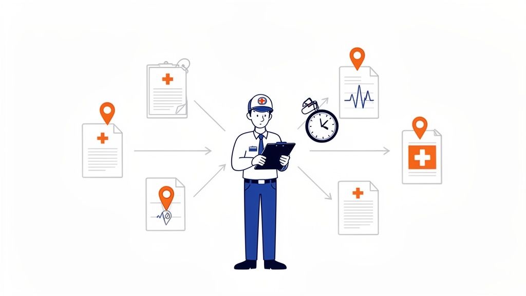 A person processes medical documents with location pins and a stopwatch, illustrating an efficient record retrieval system.