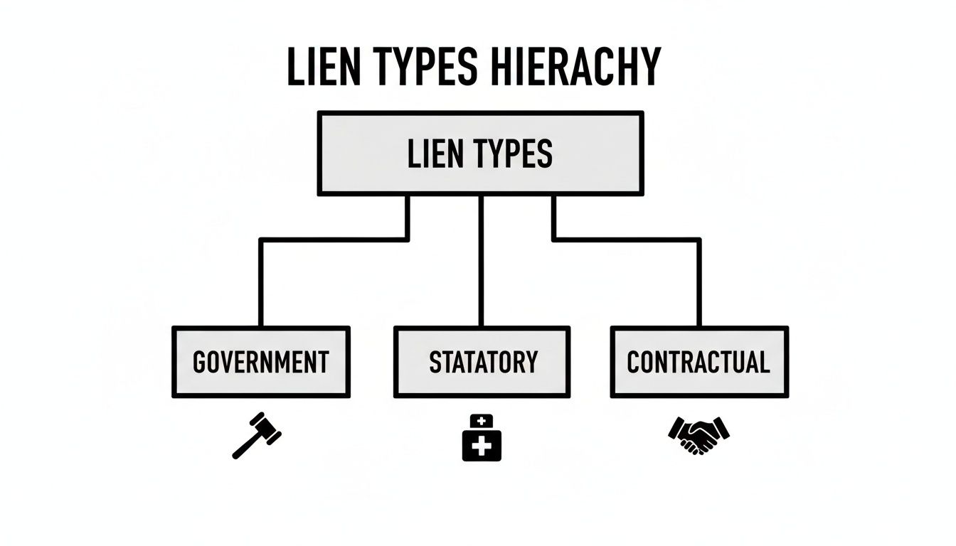 A hierarchy diagram illustrating lien types: Government, Statutory, and Contractual, with corresponding icons.