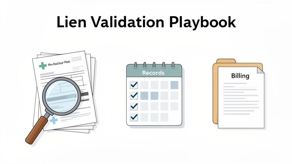 Lien Validation Playbook showing medical records, a calendar with checks, and billing documents.