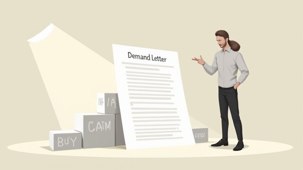 A man stands next to a large demand letter and blocks labeled 'BUY', 'CLAIM', 'PAY', illustrating a claim process.
