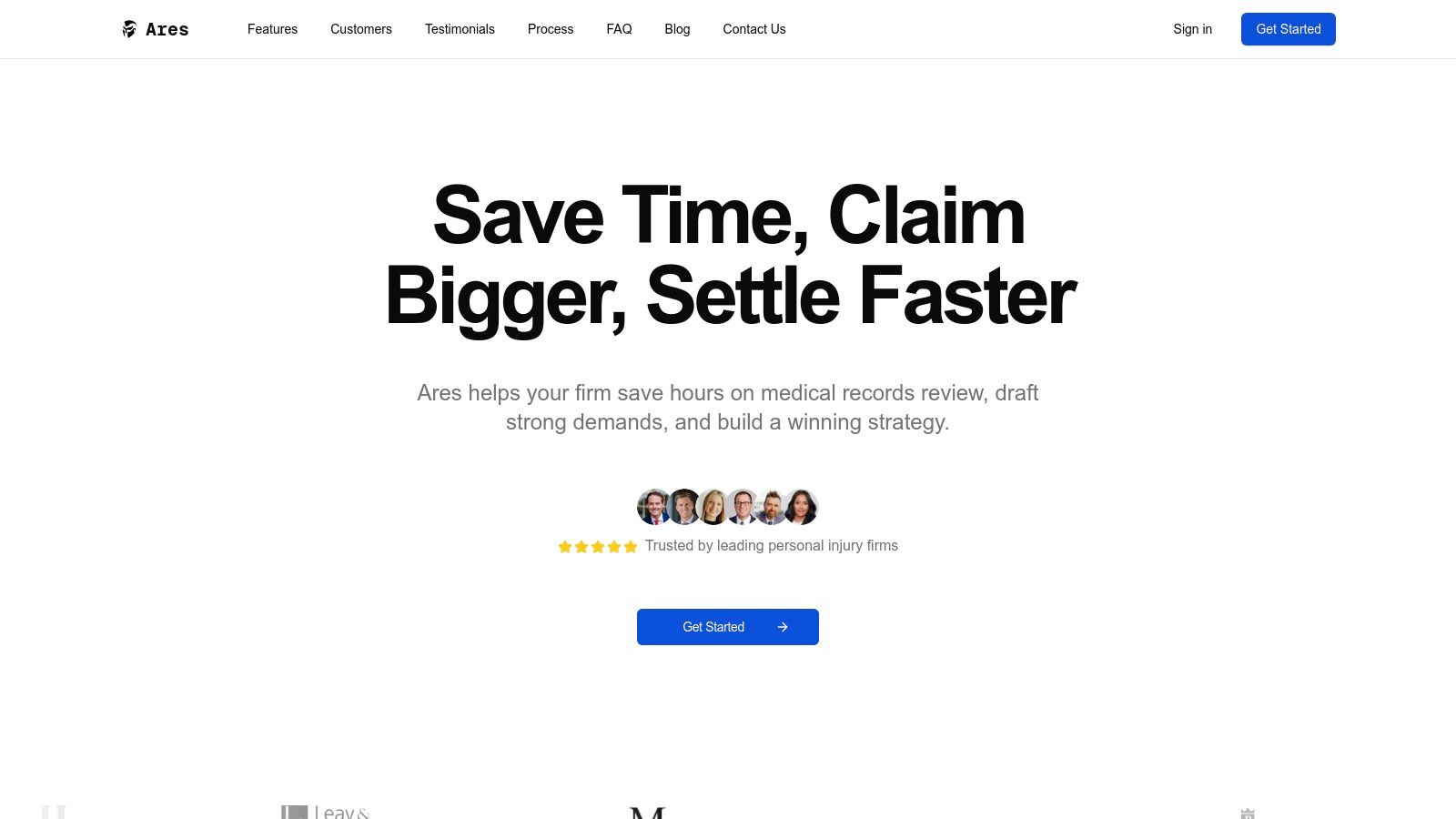 Ares platform showcasing its medical record summary and demand letter drafting capabilities.
