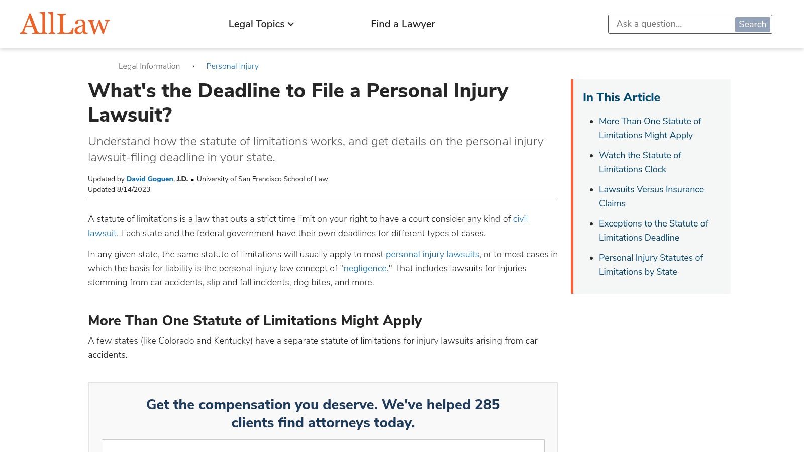 Nolo / AllLaw – Personal Injury Statutes of Limitations by State