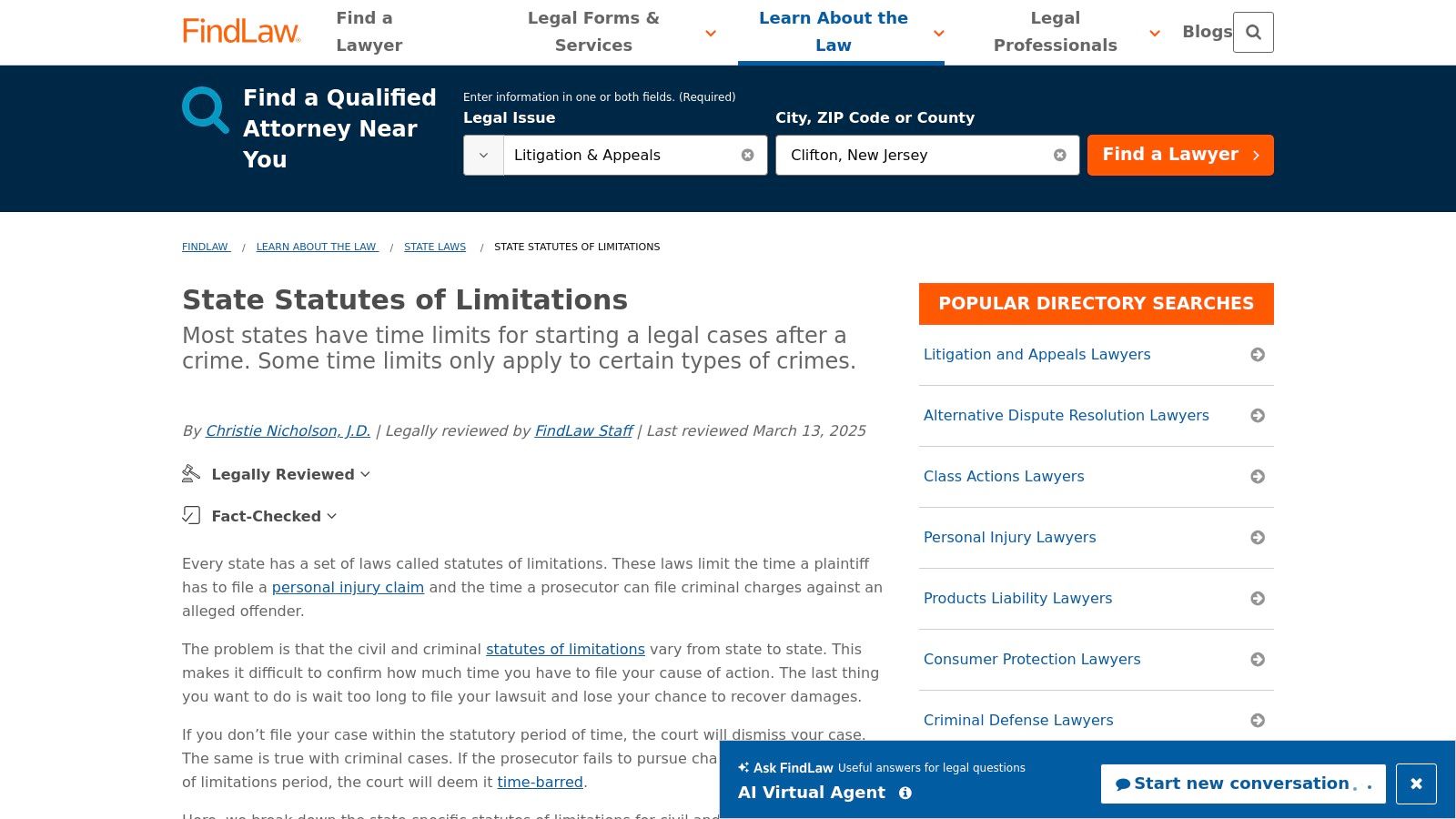 FindLaw – State Statutes of Limitations hub