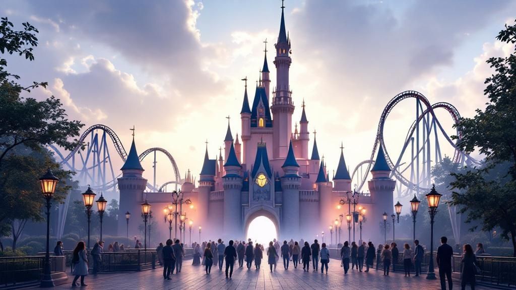 The iconic castle at the Magic Kingdom in Walt Disney World at sunset.