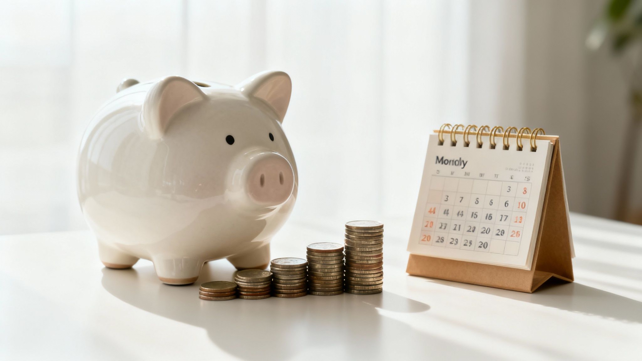 A person placing a coin into a piggy bank shaped like a house, illustrating the process of saving for a down payment.