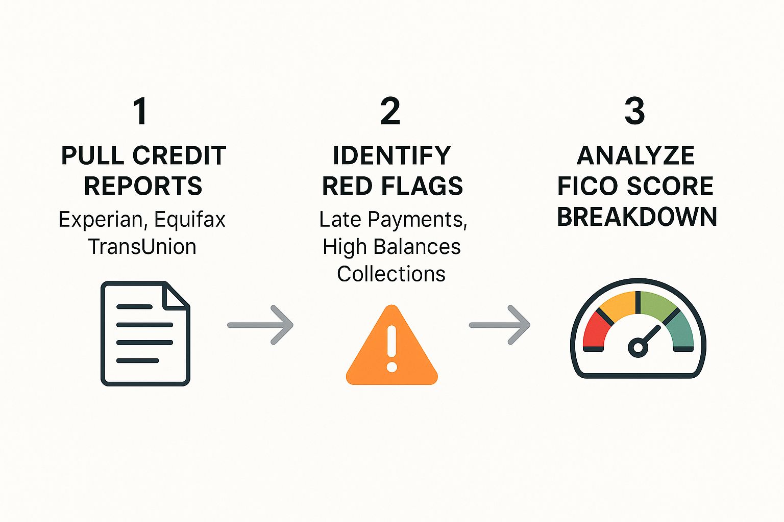 Infographic detailing the process of understanding your credit profile: pulling reports, identifying red flags like late payments, and analyzing your FICO score.