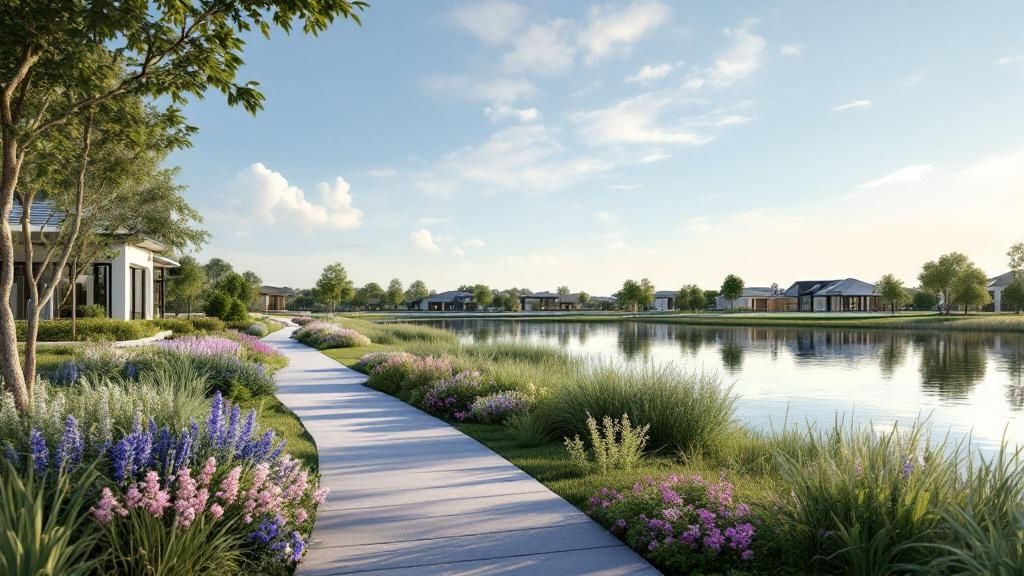 A serene view of Lake Nona, with a modern sculpture and calm water reflecting the sky.