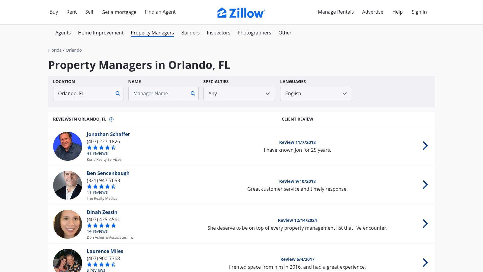 Zillow – Orlando Property Manager Directory
