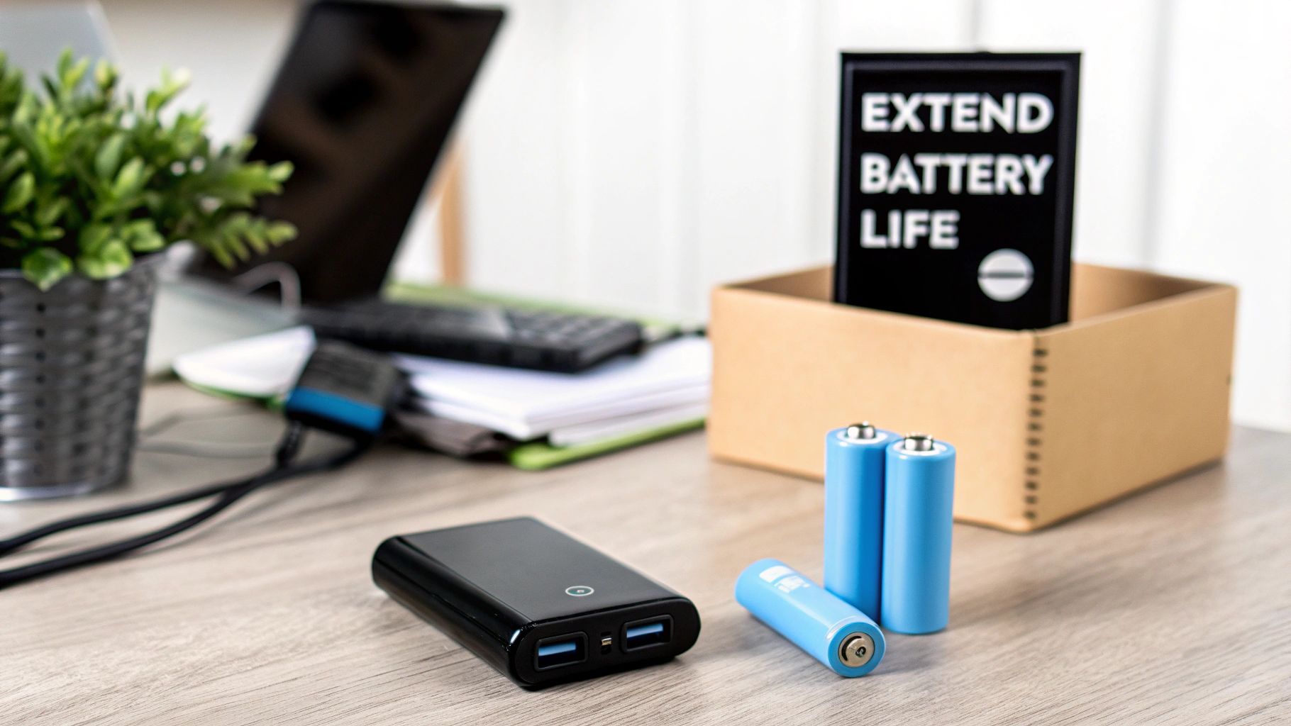 Black power bank, three blue batteries, and an 'Extend Battery Life' sign on a wooden desk.