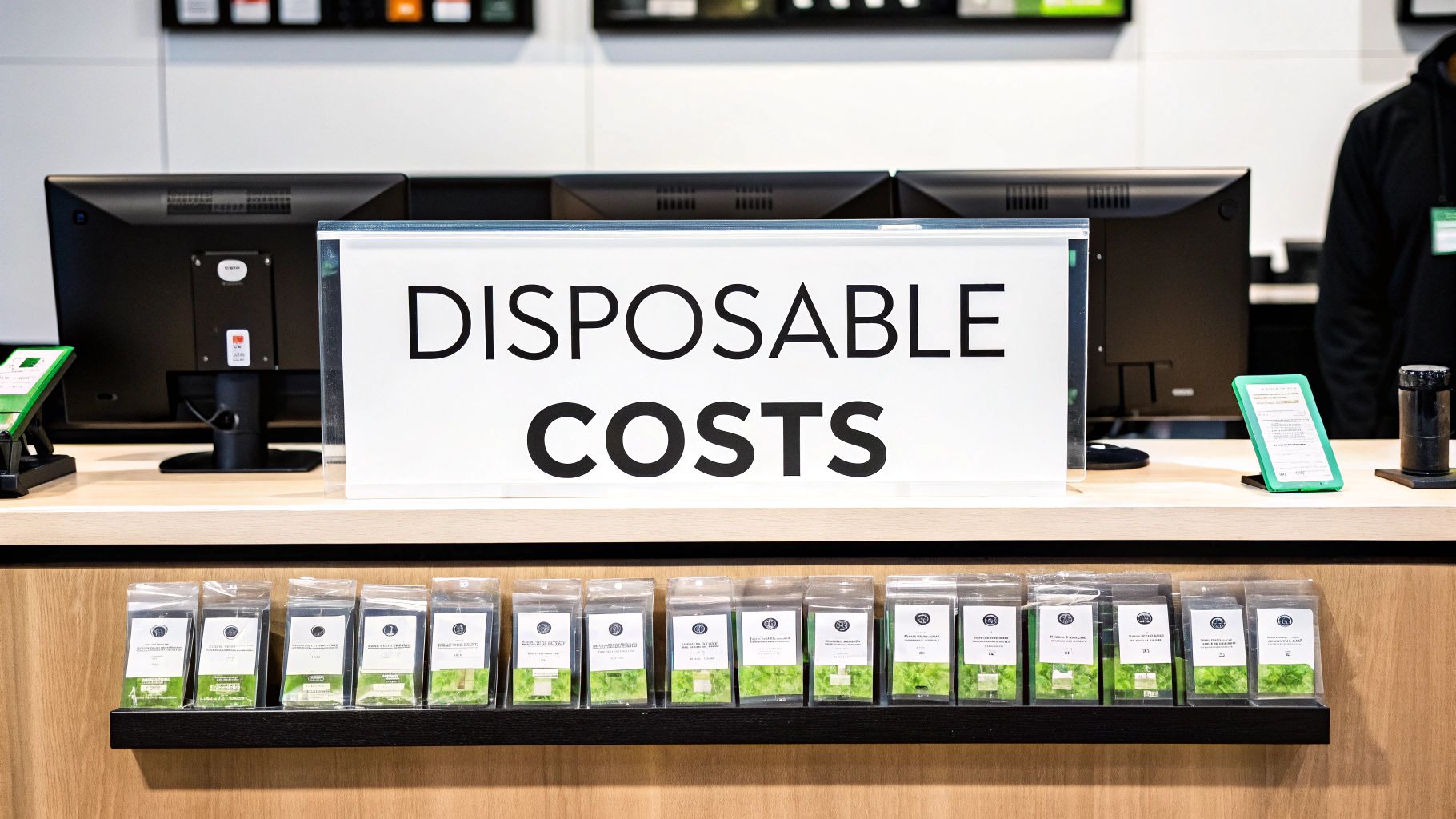 A retail counter displays green packaged products below a prominent sign reading 'DISPOSABLE COSTS'.