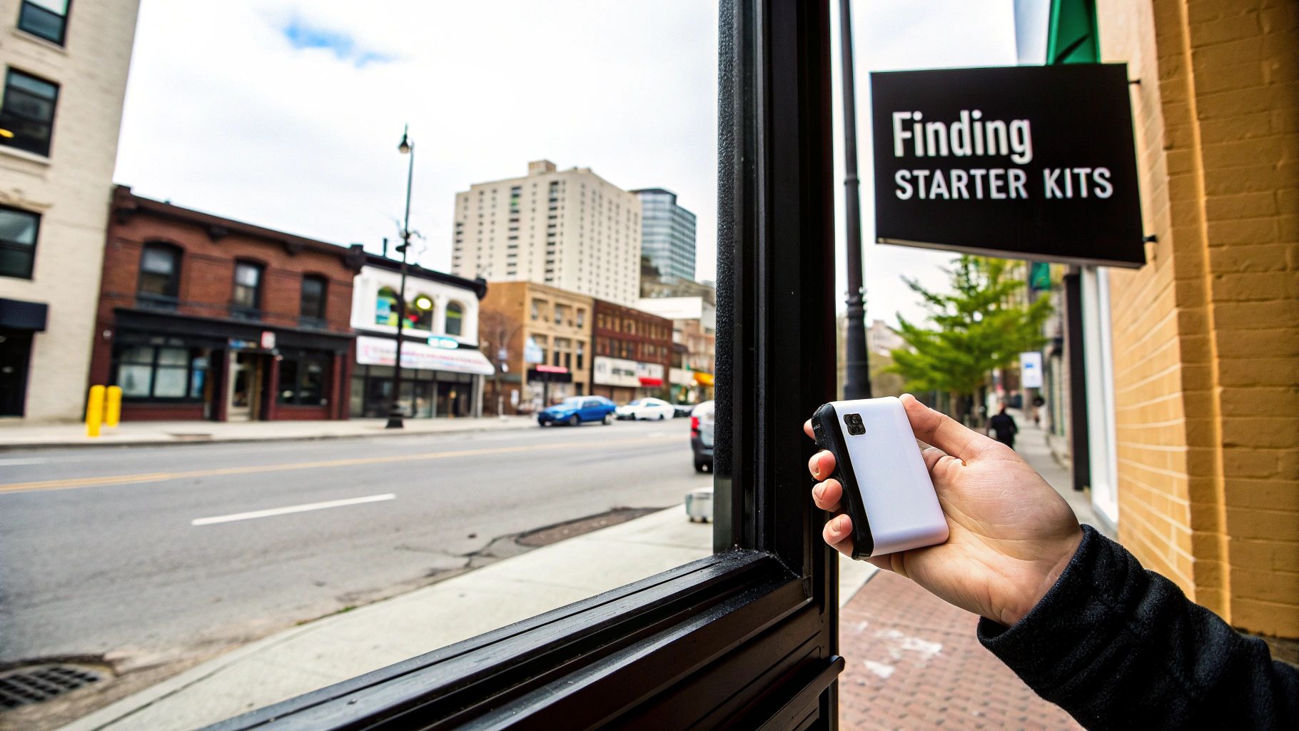 A hand holds a white vape device with a city street and a 'Finding STARTER KITS' sign.