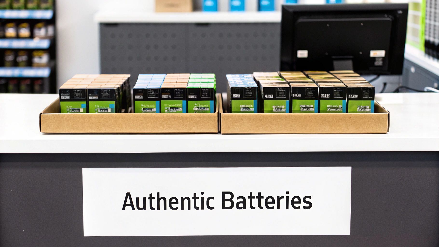 A retail counter displaying two trays of packaged batteries, with an 'Authentic Batteries' sign.