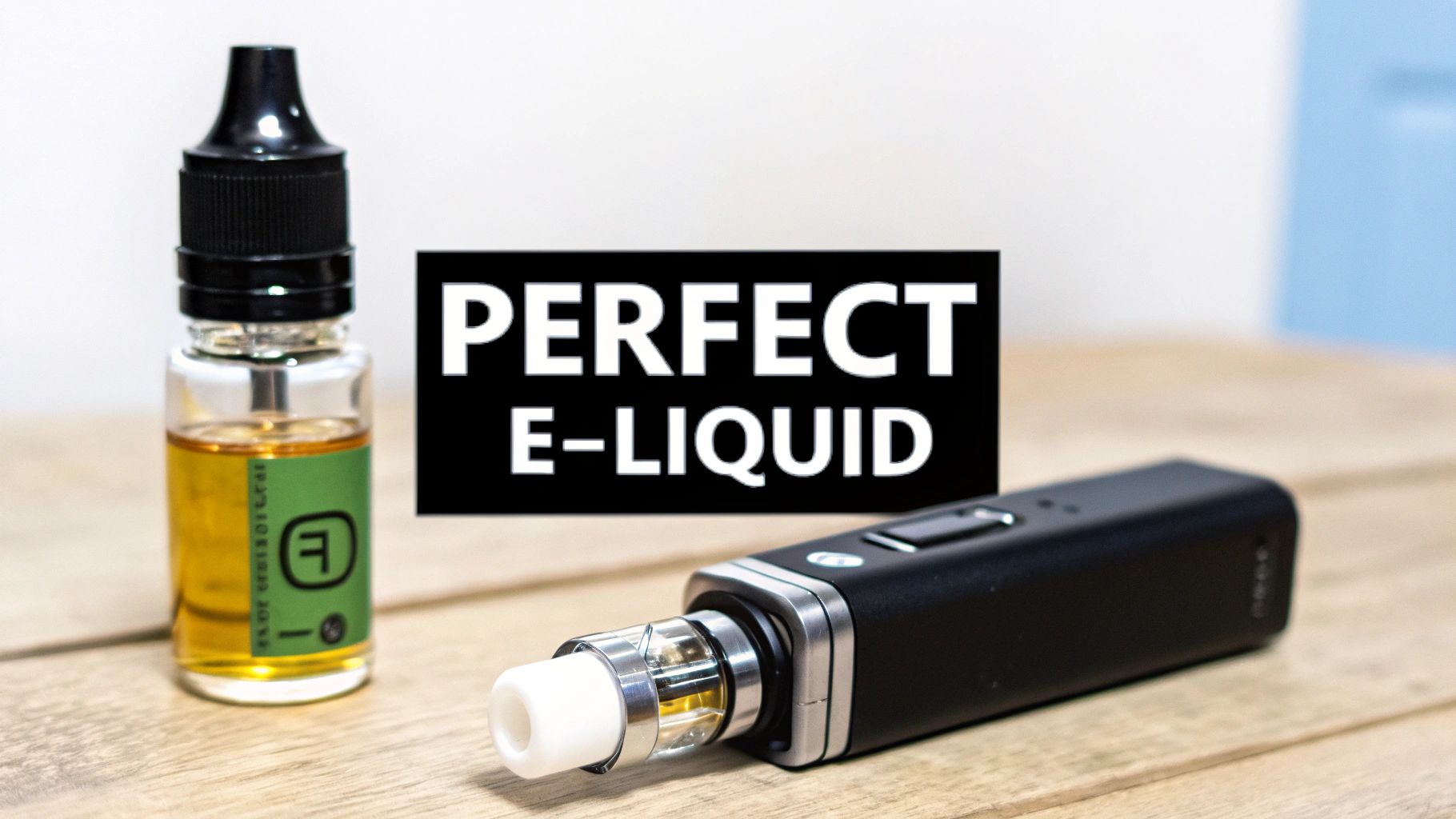 A clear bottle of yellow e-liquid next to a black vape pen on a wooden table, with 'PERFECT E-LIQUID' text.
