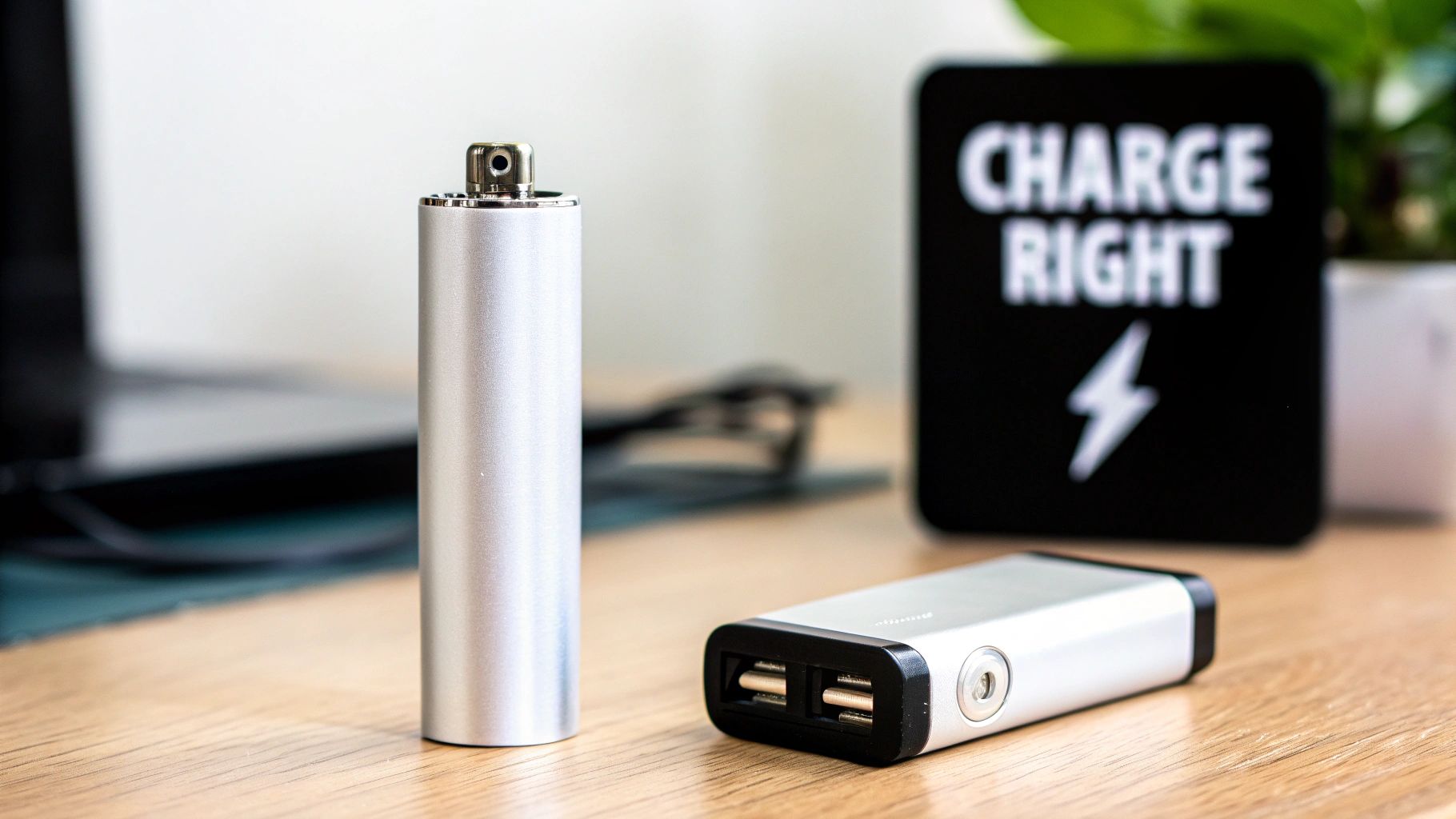 Two silver electronic devices, a cylindrical 510 thread battery and a power bank, on a wooden desk.