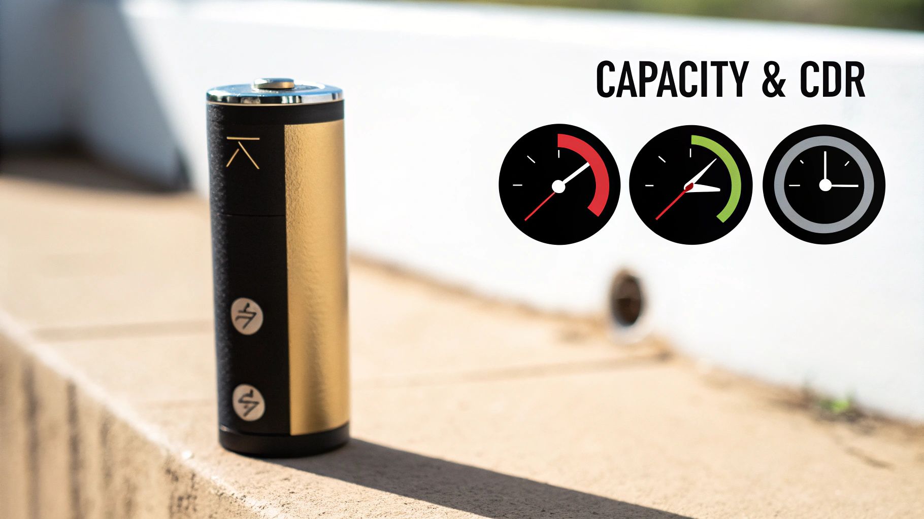 A sleek black and gold cylindrical battery stands on concrete next to gauges illustrating capacity and CDR.