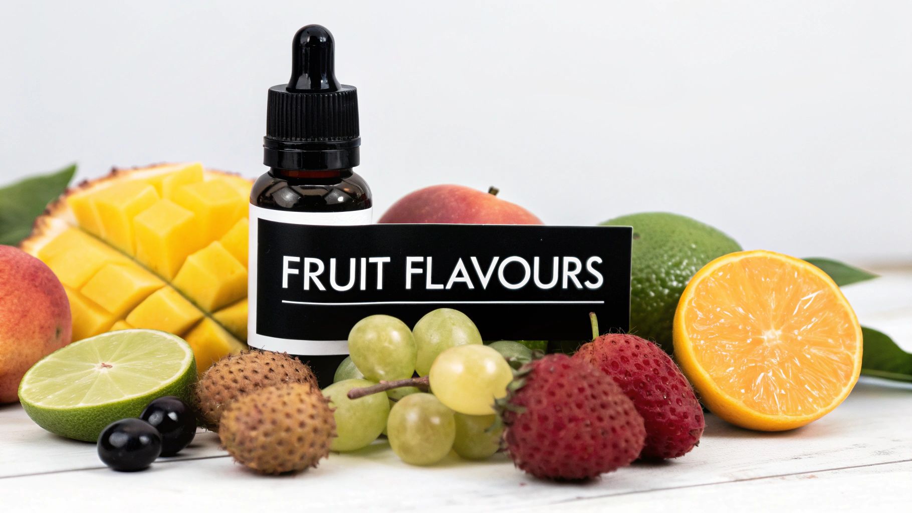 A dropper bottle labeled 'FRUIT FLAVOURS' surrounded by a variety of fresh colorful fruits.