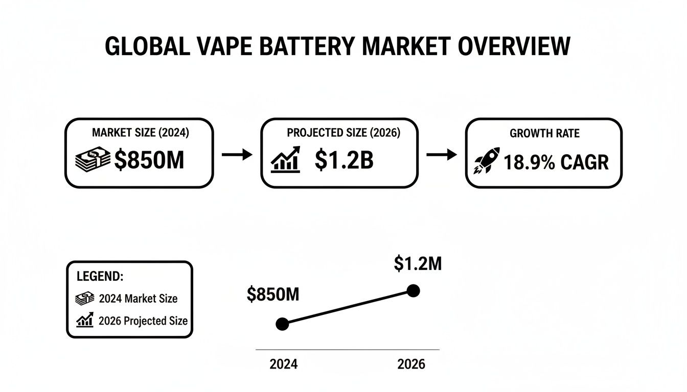 Overview of the global vape battery market, showing 2024 size, 2026 projection, and CAGR.