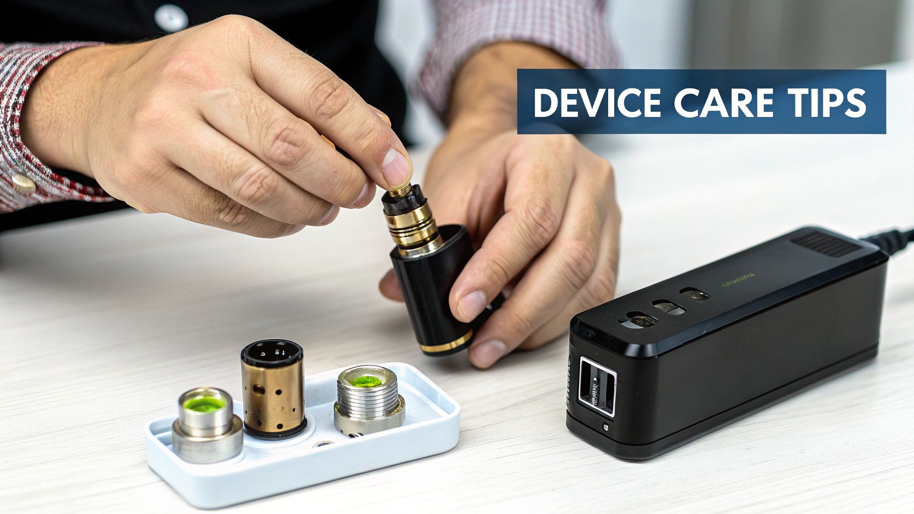 A person's hands assemble a black and gold vape device, with components on a white tray.