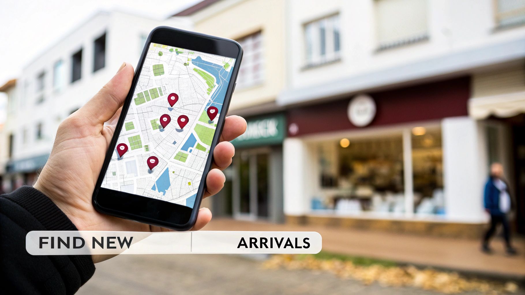Hand holding a smartphone displaying a map with location pins, advertising 'FIND NEW ARRIVALS' on a city street.