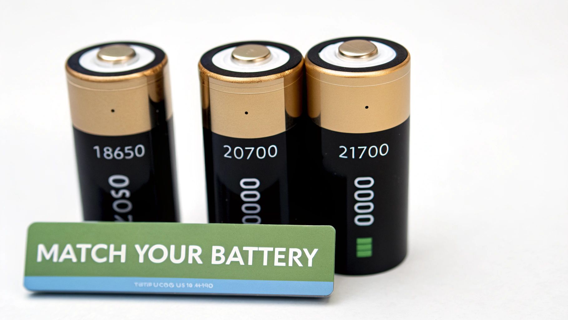 Three black and gold batteries labeled 18650, 20700, and 21700, with a 'MATCH YOUR BATTERY' sign.